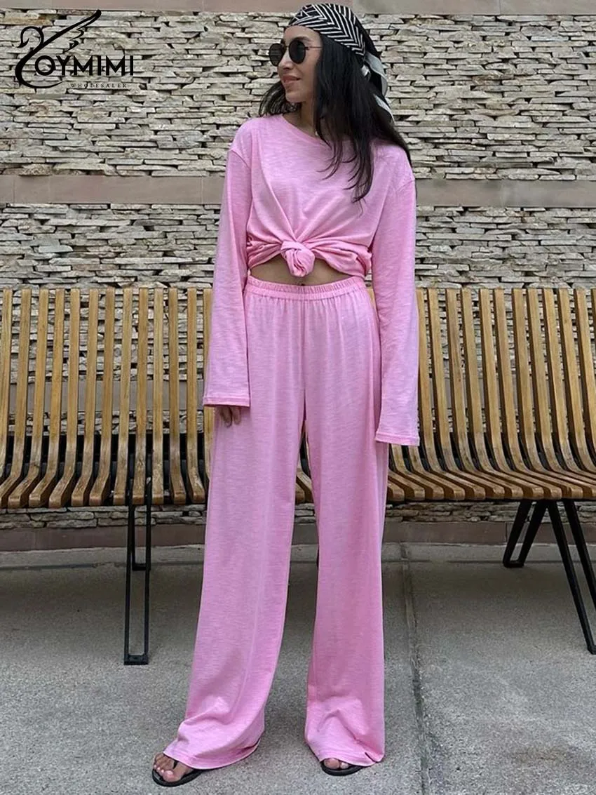 Oymimi casual branco solto duas peças outfits mulher elegante o-pescoço manga longa blusas simples e calças retas de comprimento total conjuntos