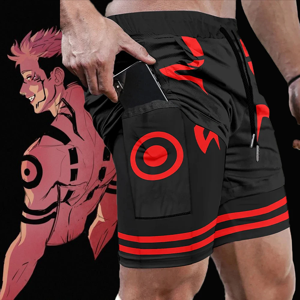 Anime Ryomen Sukuna Gym Shorts Printed 2 In1 Bilayer Side Pocket For Mobile Phone Quick-Drying Breathable Sports Jogging Pants