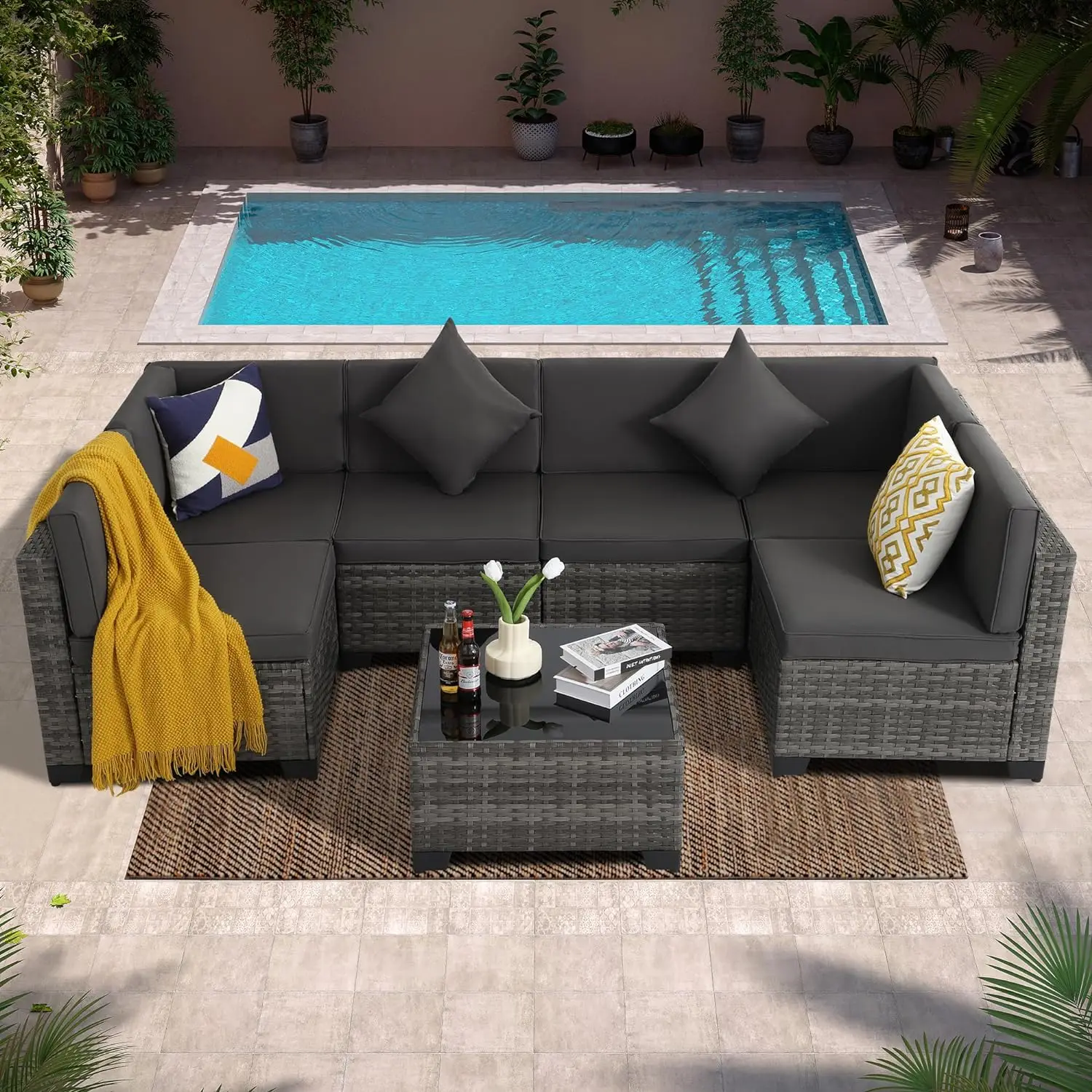 

Outdoor Patio Furniture Set, Outdoor Sectional Furniture, Rattan Chairs Glass Table Wicker Conversation Seating Sectional Sofa