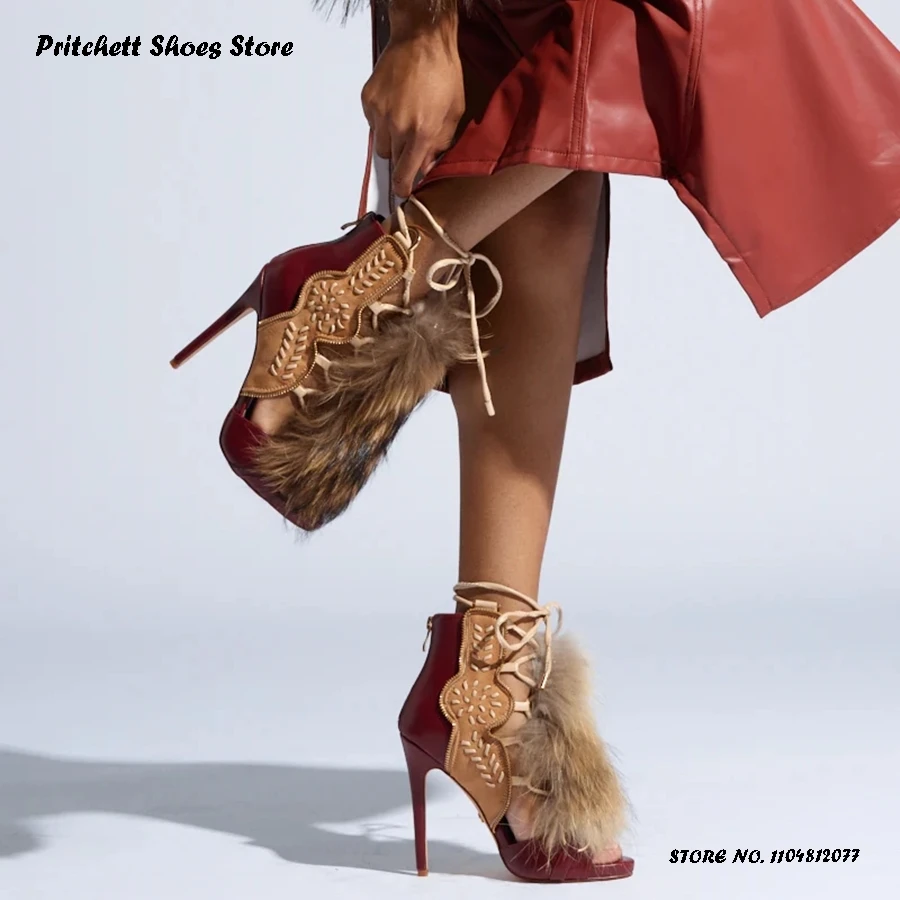 

Женские меховые сандалии в стиле пэчворк, стильные туфли на шпильке с круглым открытым носком и перекрестной завязкой, летние туфли на тонком каблуке с молнией сзади