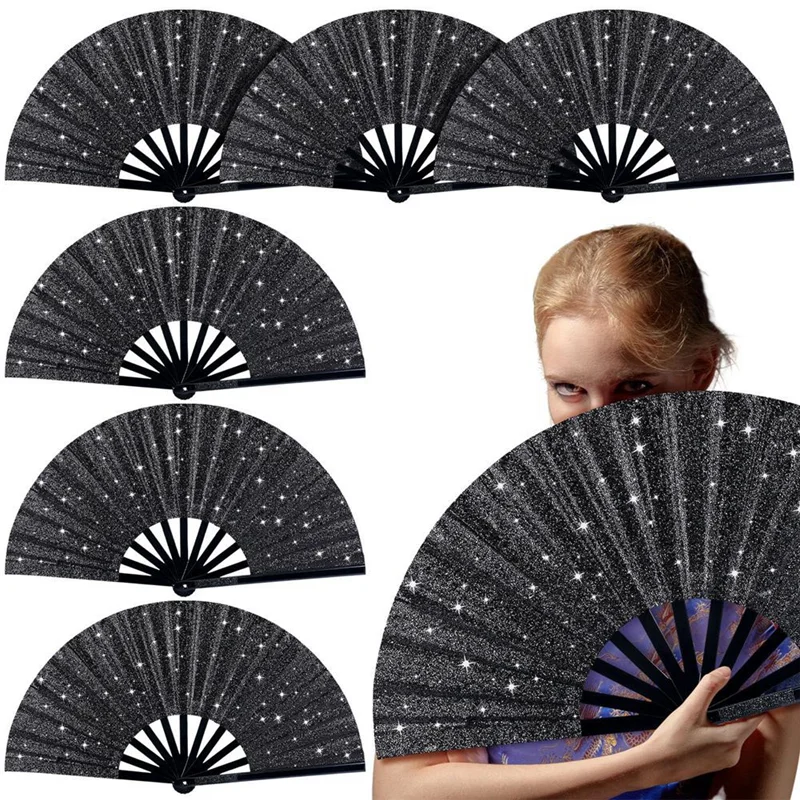

6Pcs Hand Fan Folding Handheld Fan Vintage Retro Chinese Folding Fan For Women Mens Club Party Performance Decoration Black
