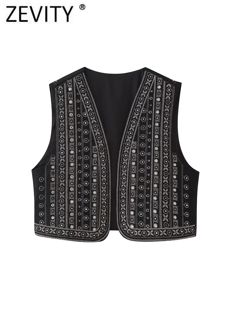 Zevity 2024 Women National Style V Neck Sequined Embroidery Short Vest Jacket Ladies Retro Casual Kimono WaistCoat Tops CT5850