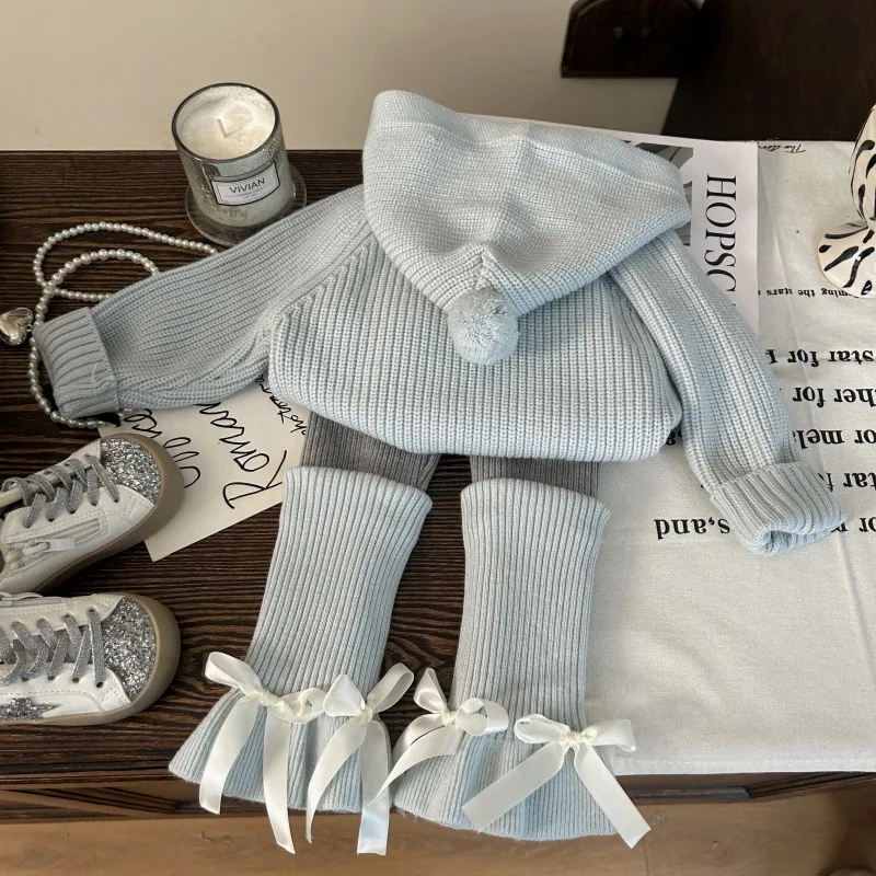Korean-style Kids' Clothing 2025 New Autumn Girls' Hooded Knit Sweater with Yarn Leggings and Slouchy Socks Two-Piece Set Trendy
