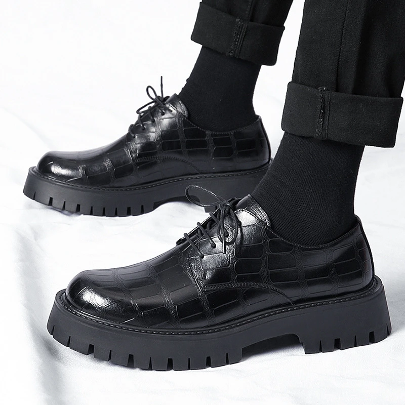

Mens Black Crocodile Embossed Leather Lace Up Dress Shoes Thick Lug Sole Platform Block Heel Formal Business Office Work Daily