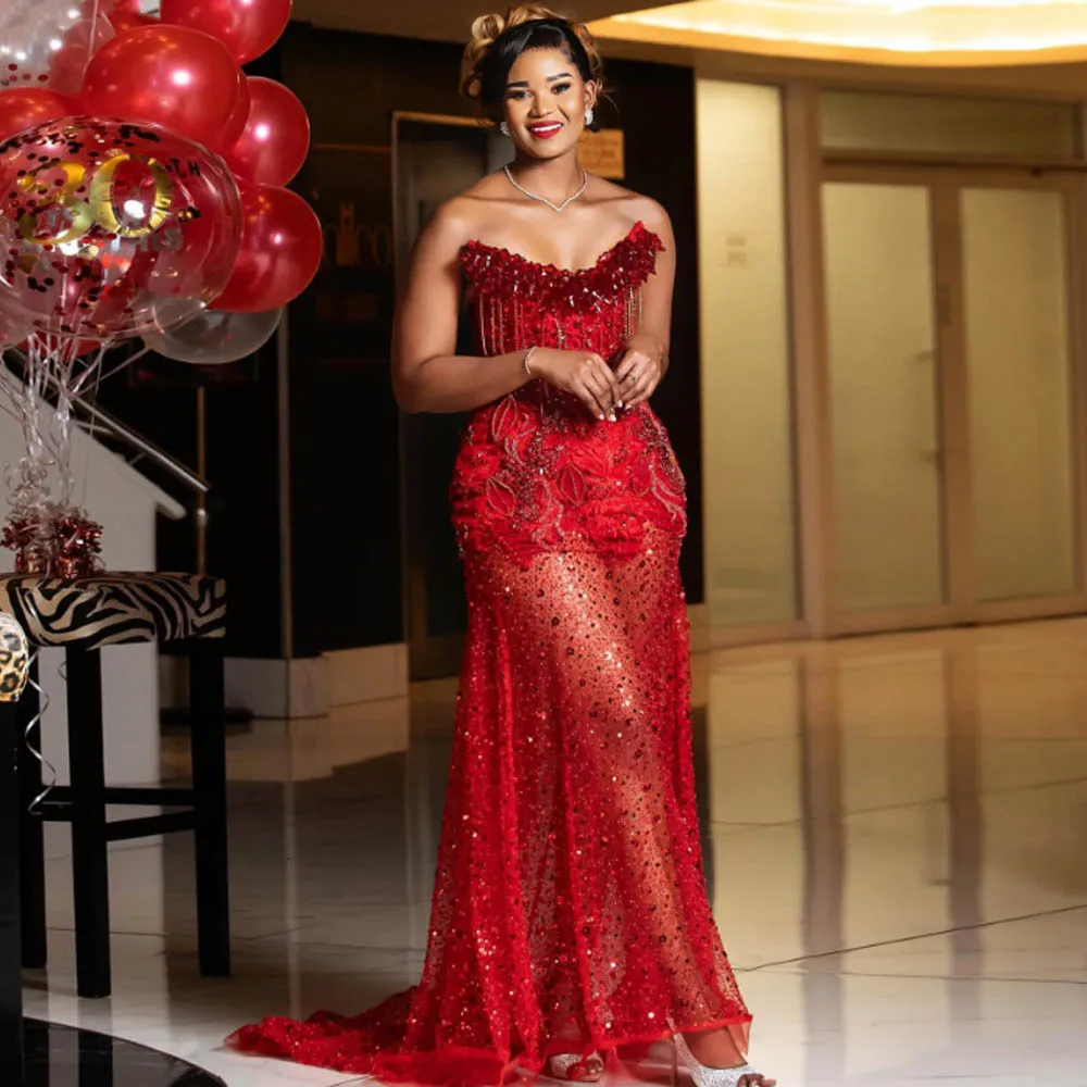 Stunning Red Prom Dresses With Beads Tassels Sequined African Women Formal Wedding Party Dress Valentine\'s Day Evening Gowns