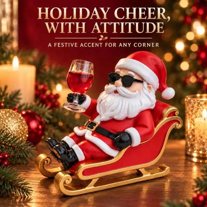 Christmas Decoration Santa Figurine with Synthetic Construction and Integrated Sleigh Base, Sunglasses and Wine Glass fo