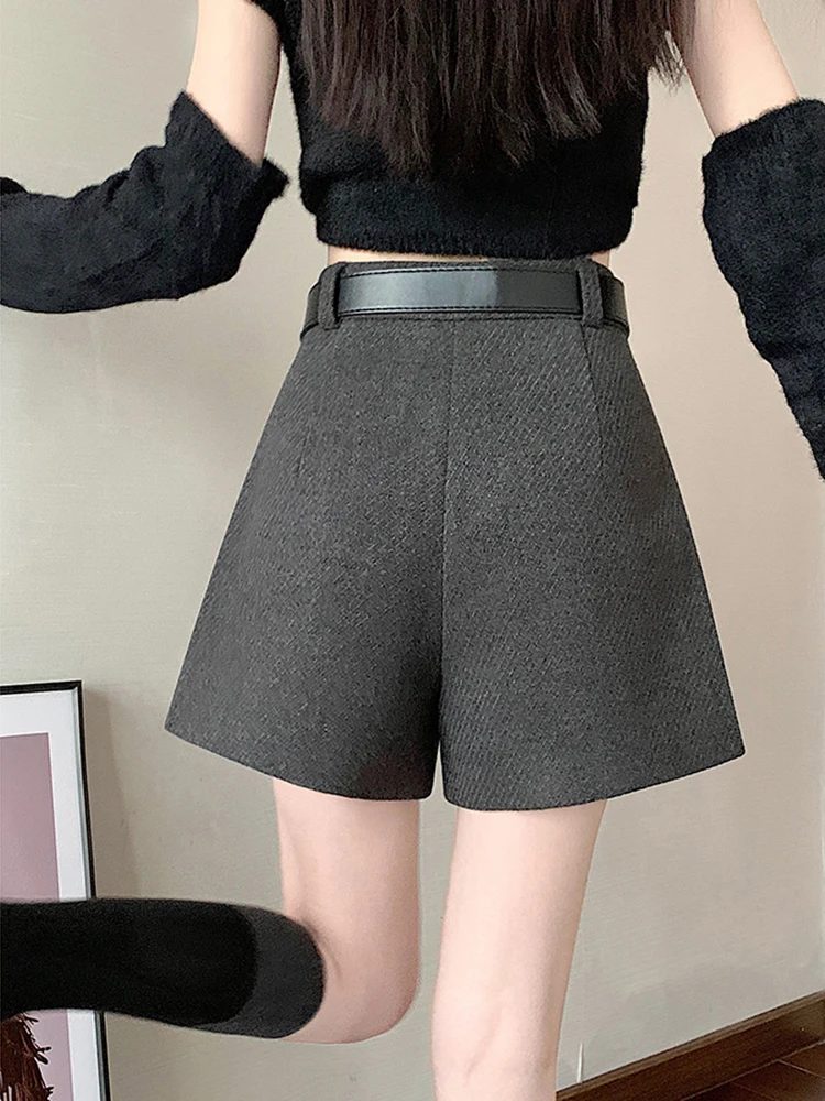 2025 الشارع الشهير الصوفية الشتاء السراويل امرأة عادية فضفاض واسعة الساق سراويل قصيرة فام مع حزام الغنيمة رمادي أسود البضائع السراويل النساء #5