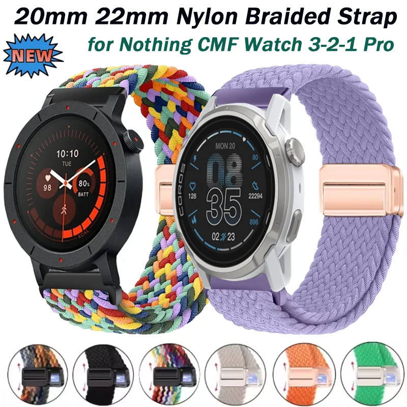 20/22mm Nylon Braided Strap for Nothing CMF Watch 3-2-1 Pro COROS APEX 4 42mm/PACE 4-Pro Magnetic Band Suunto Vertical 2/Race 2
