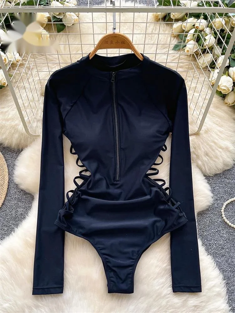 

Hollow Out Sexy Swimsuits Summer Ins Curve Zipper Design Long Sleeve Ladies Black Minimalist Fashion Bodycon Bodysuits