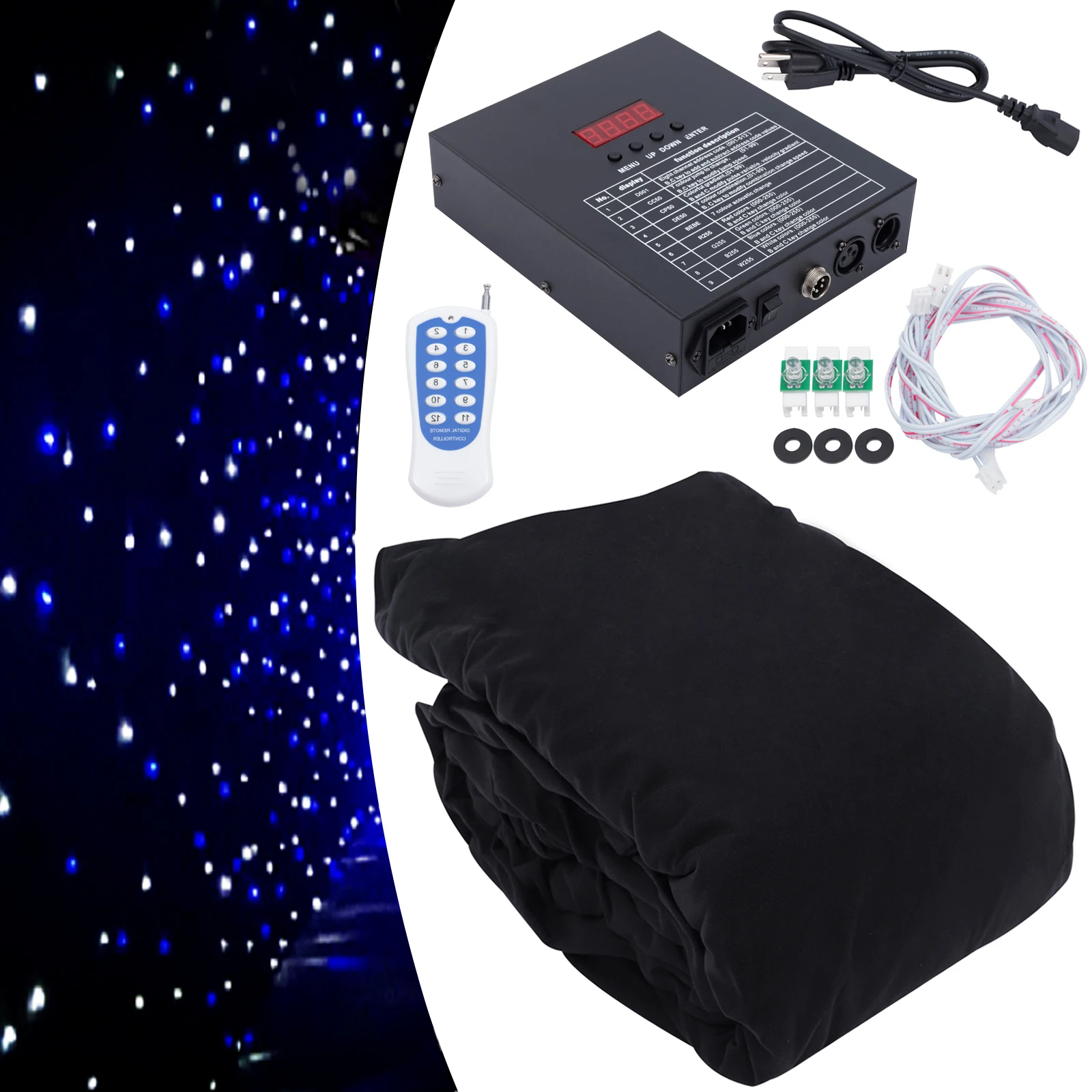 Wit en blauw LED-achtergrondgordijn Dubbellaags fluweel - Ongeveer 216 LED-kralen en 60 W vermogen, 9,84 * 13,12 ft formaat en binnen / buiten toepasbaar