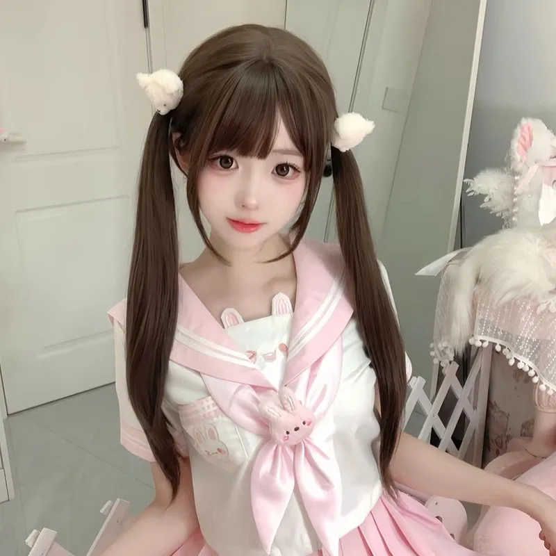 Synthetic Long Brown Wig for Women 75cm Air Bangs Straight Lolita Mi-Ku Twin Tails Full Head Cosplay Costume Party Hair
