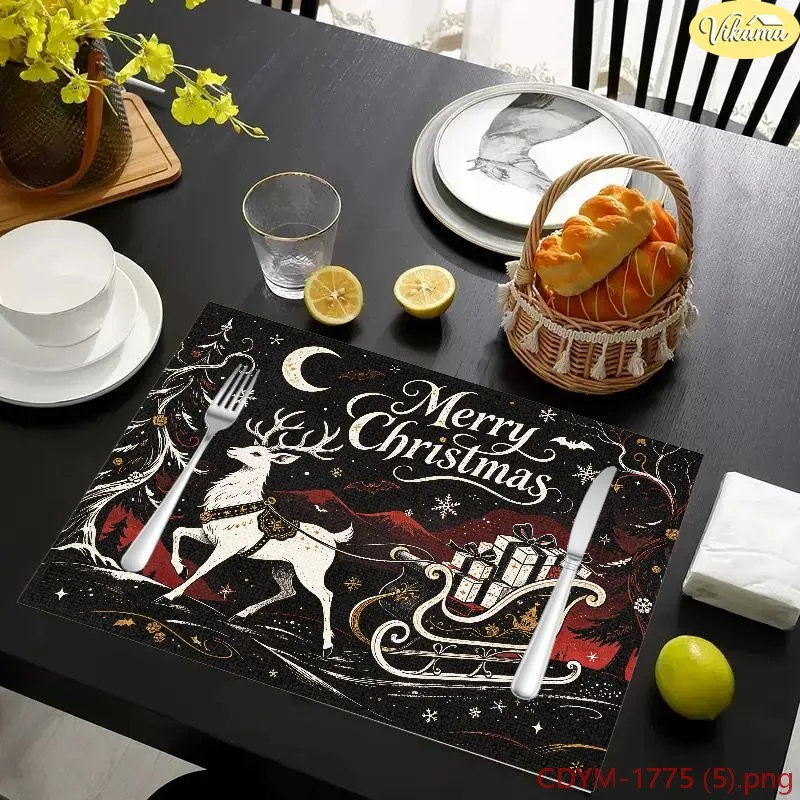 VIKAMA Christmas Placemats Black Dark Wreath Bauble Holly Moon Merry Christmas Washable Mat Winter Holiday Kitchen Decor