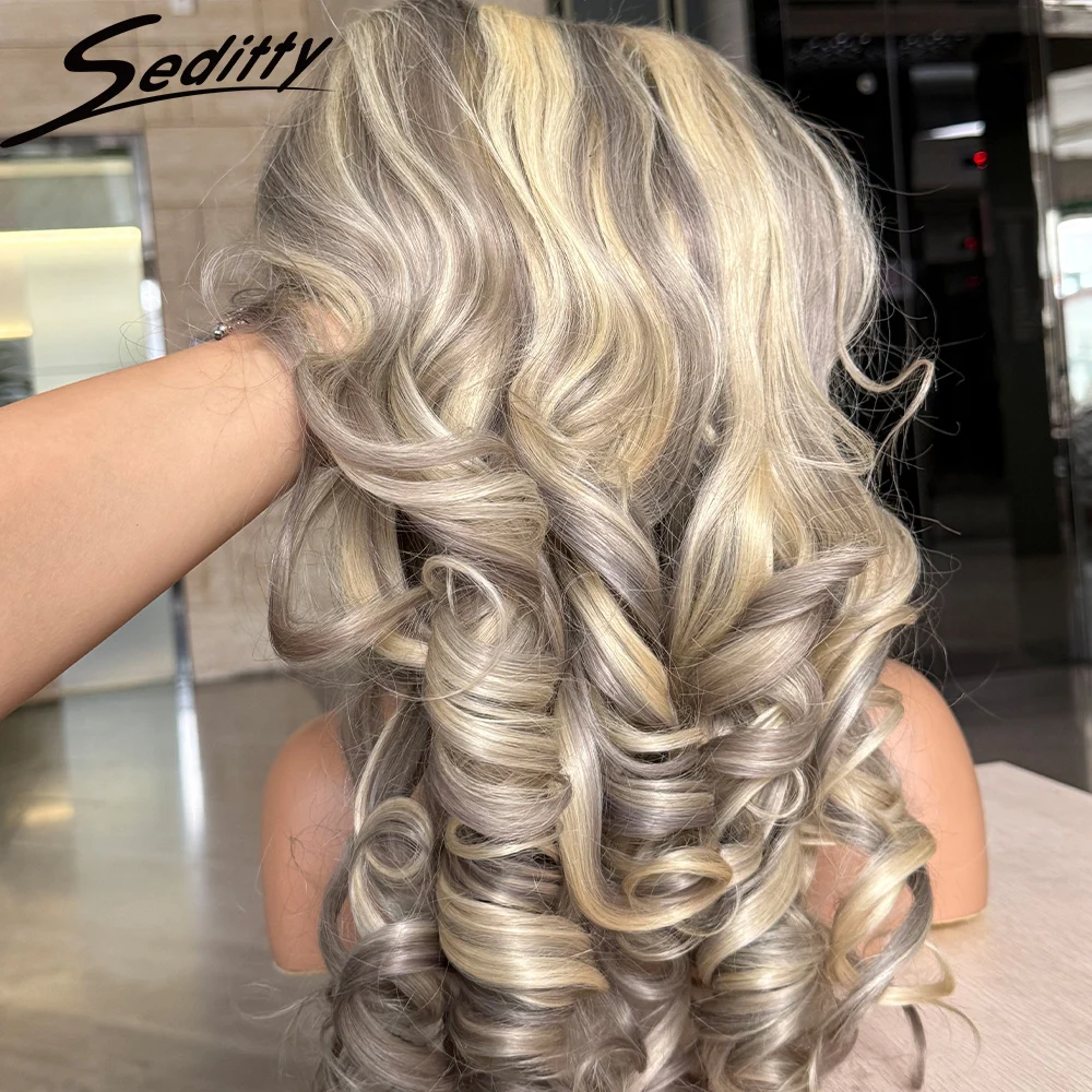 # 613/18 Blonde Lose Welle 13x4 Spitze Vorne Perücke Bouncy Lockige Ombre Farbige Ei Lockige 250% Dichte Echthaar perücke Für Frauen