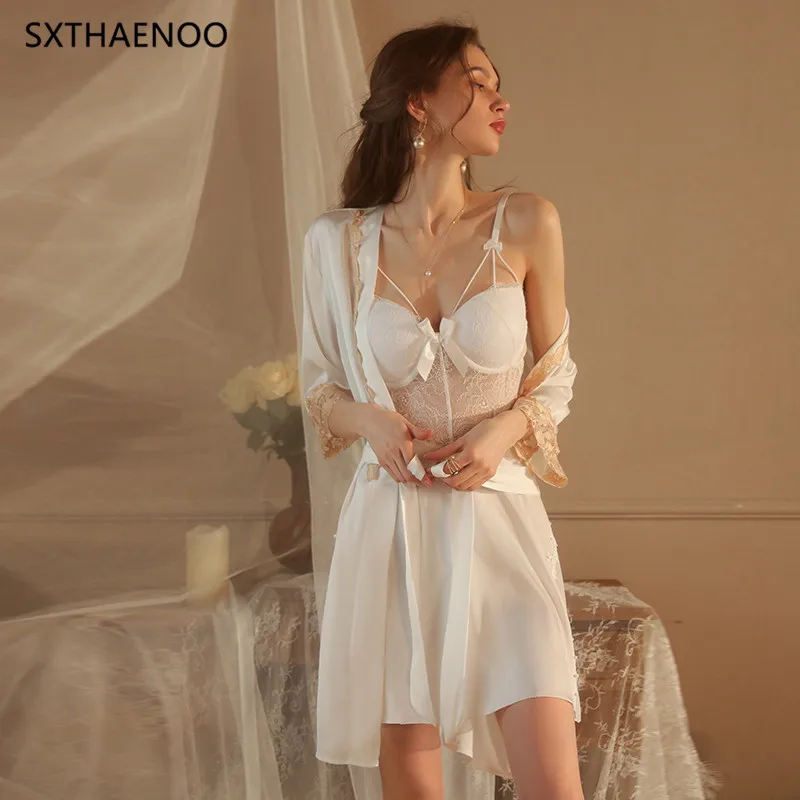 SXTHAENOO Vintage Nightgowns Sexy Pajamas Women Sleepwear With Chest Pad Lace Backless Sling Nightdress 2022 New Sleeping Dress