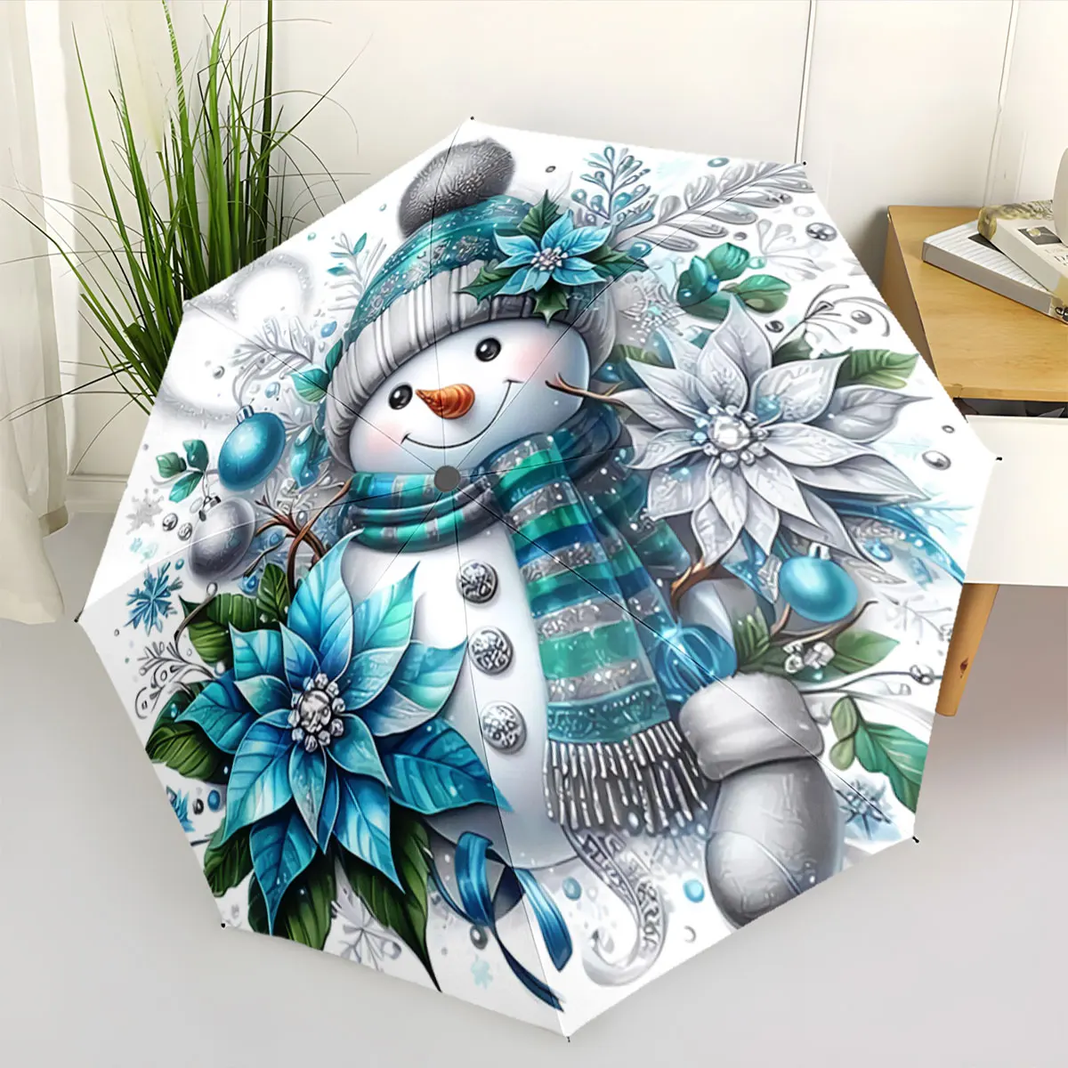 Cute Snowman with Winter Flowers and Festive Details portable waterproof sun rain umbrella for outdoor travel beach