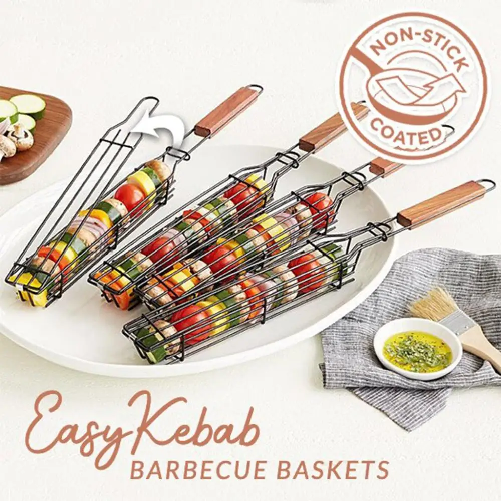 1/4/7pcs Portable Kabob BBQ Grilling Basket Stainless Steel Reusable Durable Anti-Corrosion Wooden Handle Barbecue Tool Kitchen