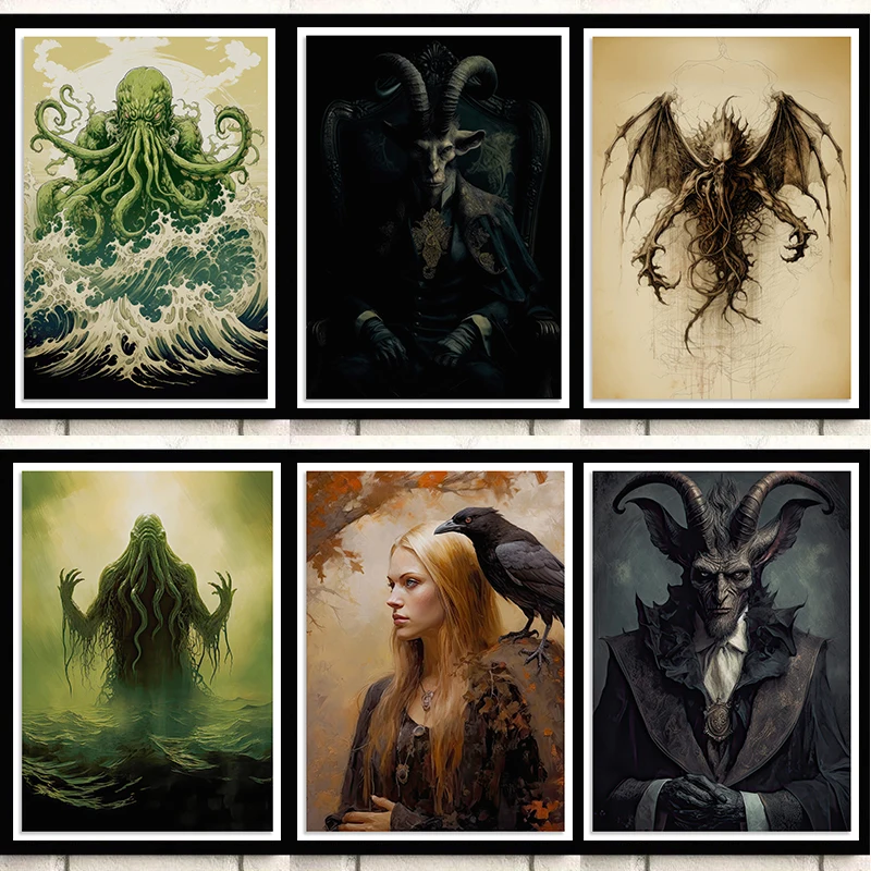 Cthulhu Moody Nun Taking A Break Satanic Dragon Poster Vintage Goth Style Canvas Painting Wall Art Picture for Room Office Decor