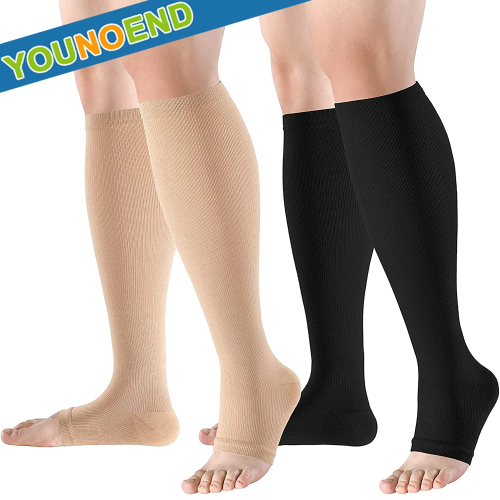 1Pair Open Toe Calf Compression Socks 20-30 MmHg Knee High Support Stockings Long Calf Compression Sleeves Shin Splint Sleeve