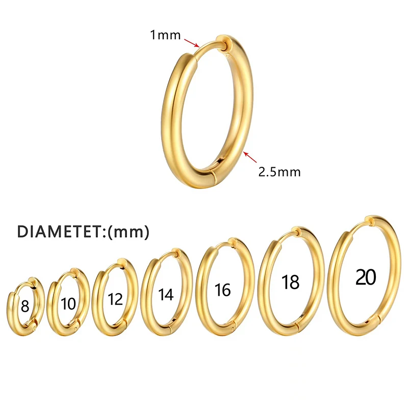 여성용 스테인리스 스틸 라운드 후프 귀걸이 1쌍, 두께 2.5mm, 힙합 스트릿 팝 귀 버클, 클래식 허기 데일리 주얼리