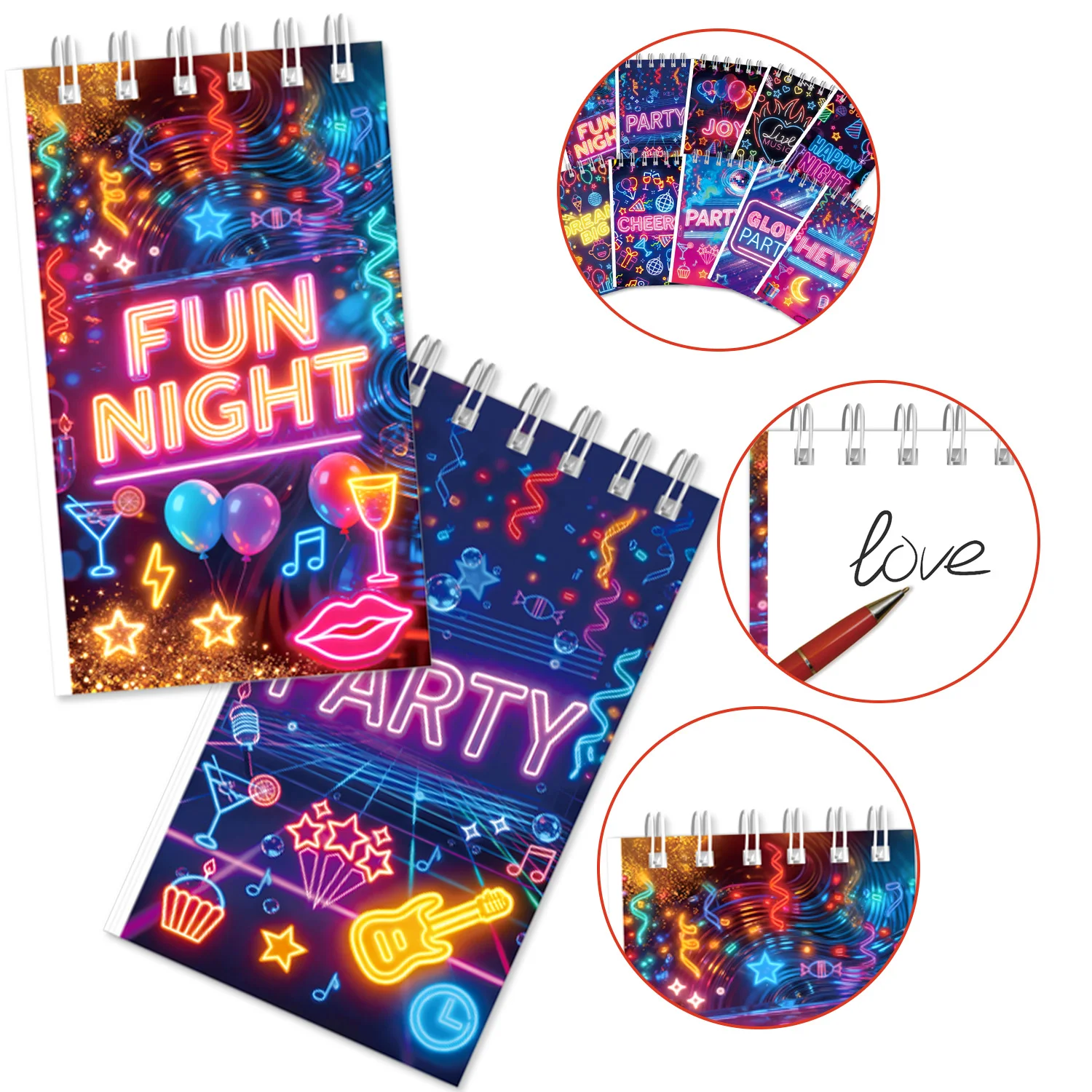 Neon Glow Party Mini Spiral Notebook 24 Pages Night Music Cocktail Print Portable Pocket Notepad Birthday Party Favor Stationery view 6