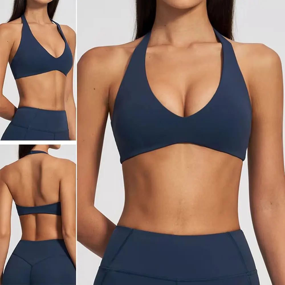 Sports Underwear Women's Padded Halter Neck Sports Bra Deep V-Neck Backless Design Stretchy Gym Workout Running Fitness Yoga Top