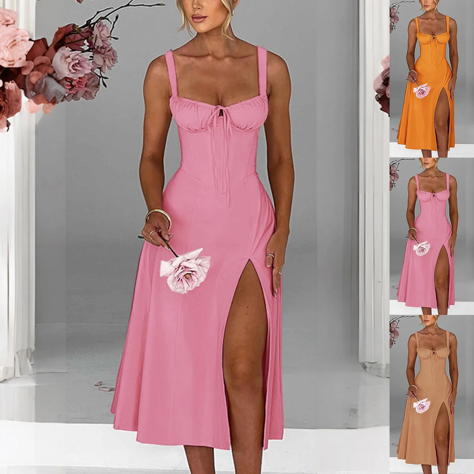 

Женское винтажное платье-миди на тонких бретельках, однотонное ТРАПЕЦИЕВИДНОЕ пляжное платье без рукавов с цветочным принтом, с разрезом спереди, в стиле бохо, на лето