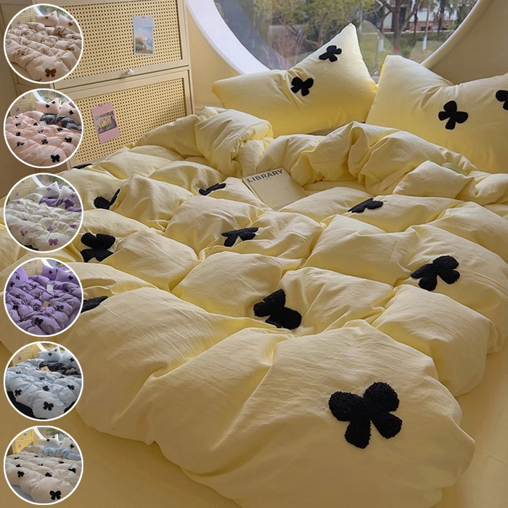 

4PCS Bow-knot Duvet Cover Set Pink Polyester Comforter Cover Soft Quilt Cover Girls Bedroom Decor Bedding Set with 2 Pillowcase