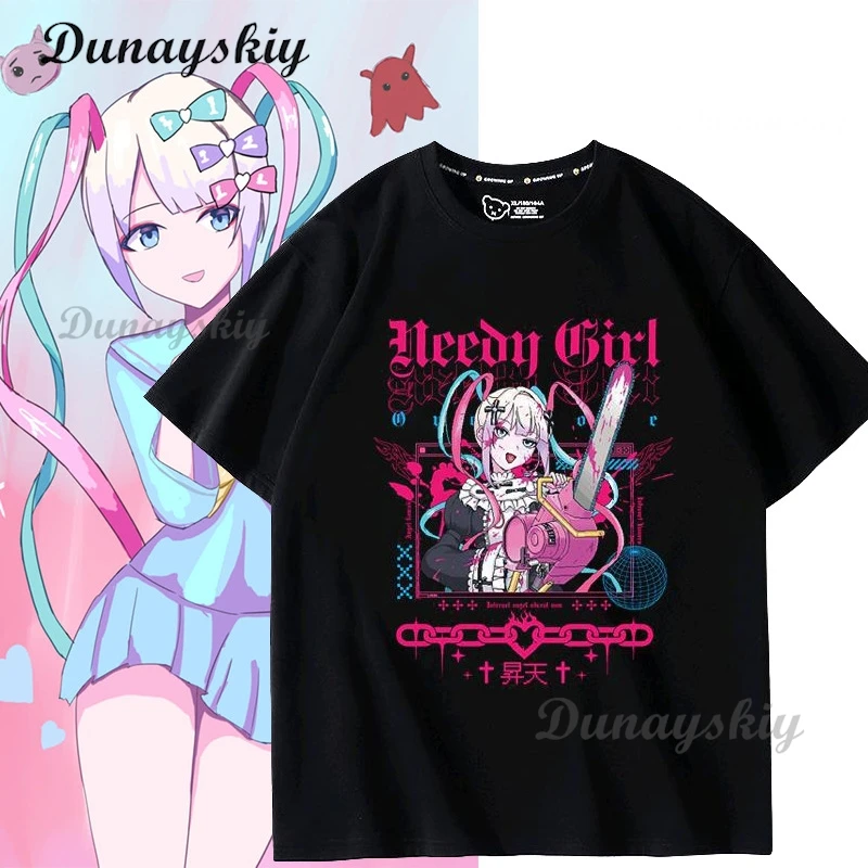 NEEDY GIRL OVERDOSE Kangel Oversize Black T-shirt Manga Graphic Tee Women Cute Top Men Short Sleeve Summer Kawaii Couple Clothes