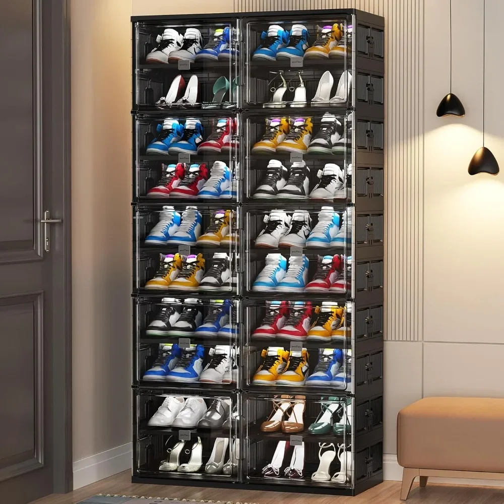 

Hard Plastic Shoe Storage Organizer Cabinet for Entryway, Large Stackable Collapsible Sneaker Shoe Box Organizer for Closet