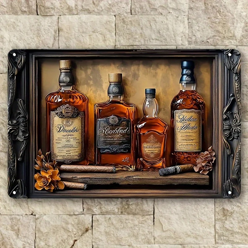 1pc Contemporary Aluminum Whiskey & Cigar Metal Wall Art, Multipurpose 2D Decor for Home, Bar, Farmhouse, Wall Hanging Design