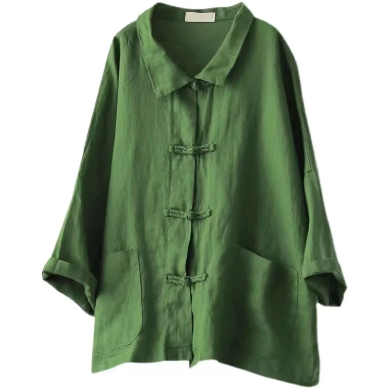 

Весна-лето 202, новая китайская льняная блузка в стиле ретро на пуговицах, длина, длина ZenInspired, свободная женская блузка для поездок на работу