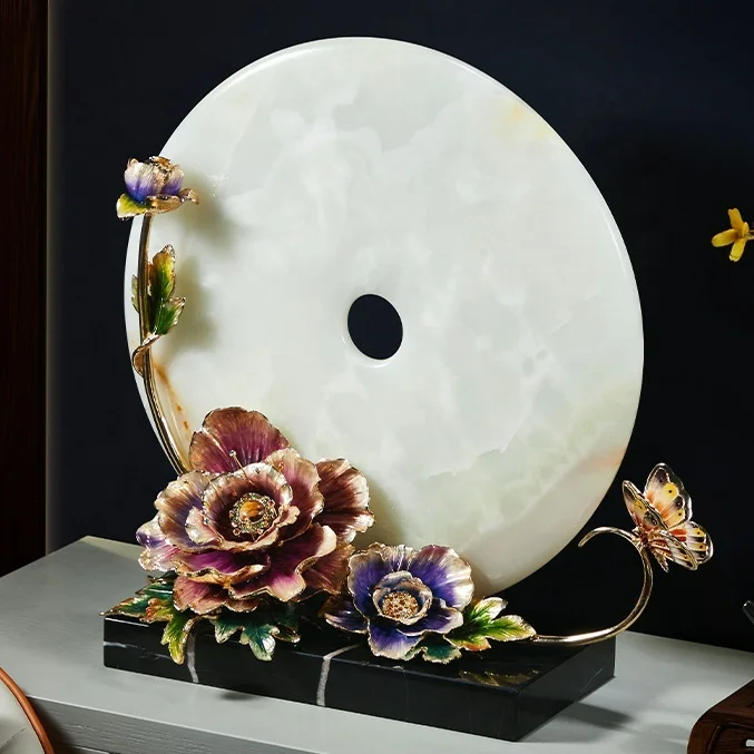 &c High-end New Chinese Style Lucky Ornament Vintage Enamel Colorful Flower Butterfly Decorative Jade Plate for Art Home