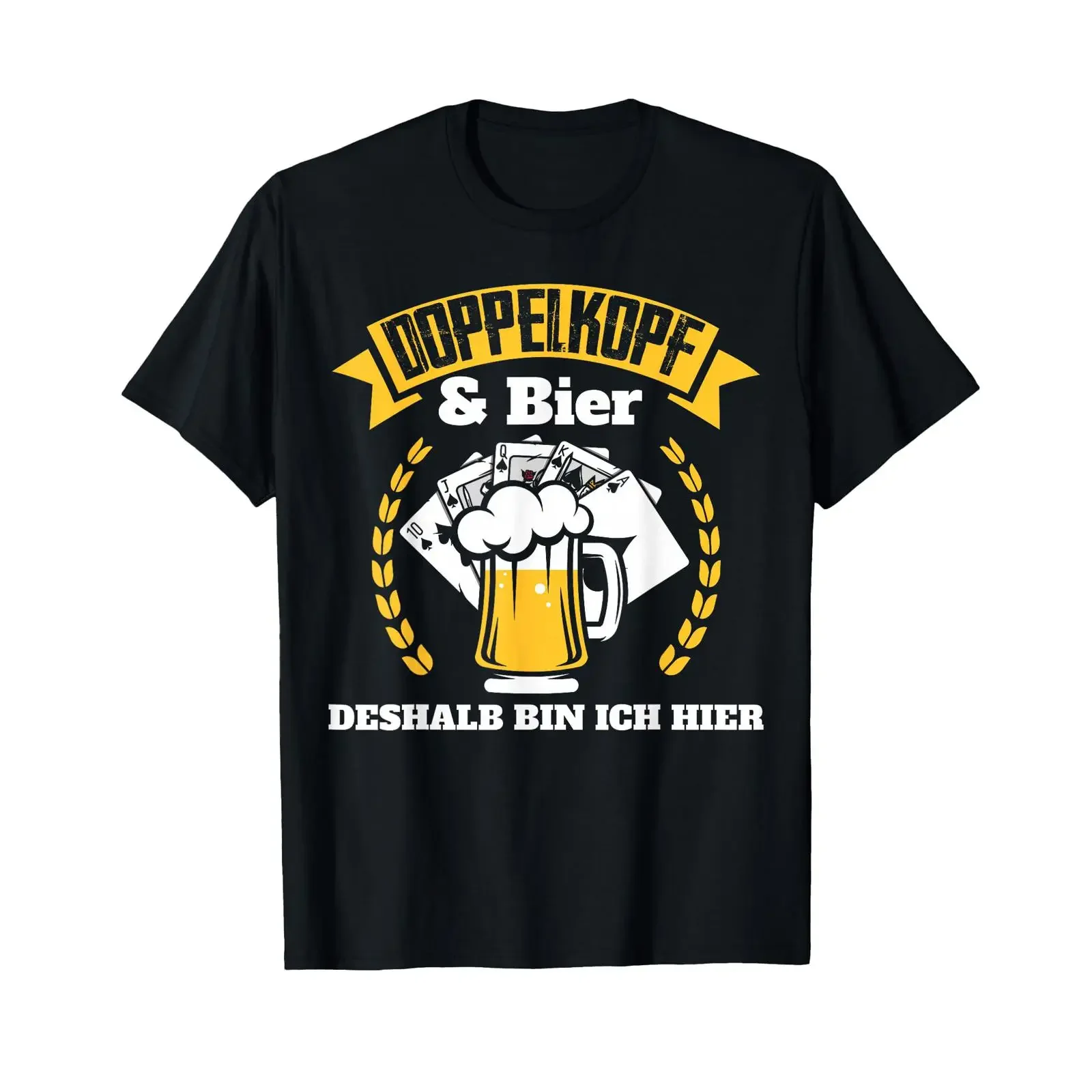 Herren-T-Shirt mit deutschem Text „Doppelkopf Bier Deshalb Bin Ich Hier Sauf“, schwarz, vintage, gewaschen, lässige Streetwear, leicht.