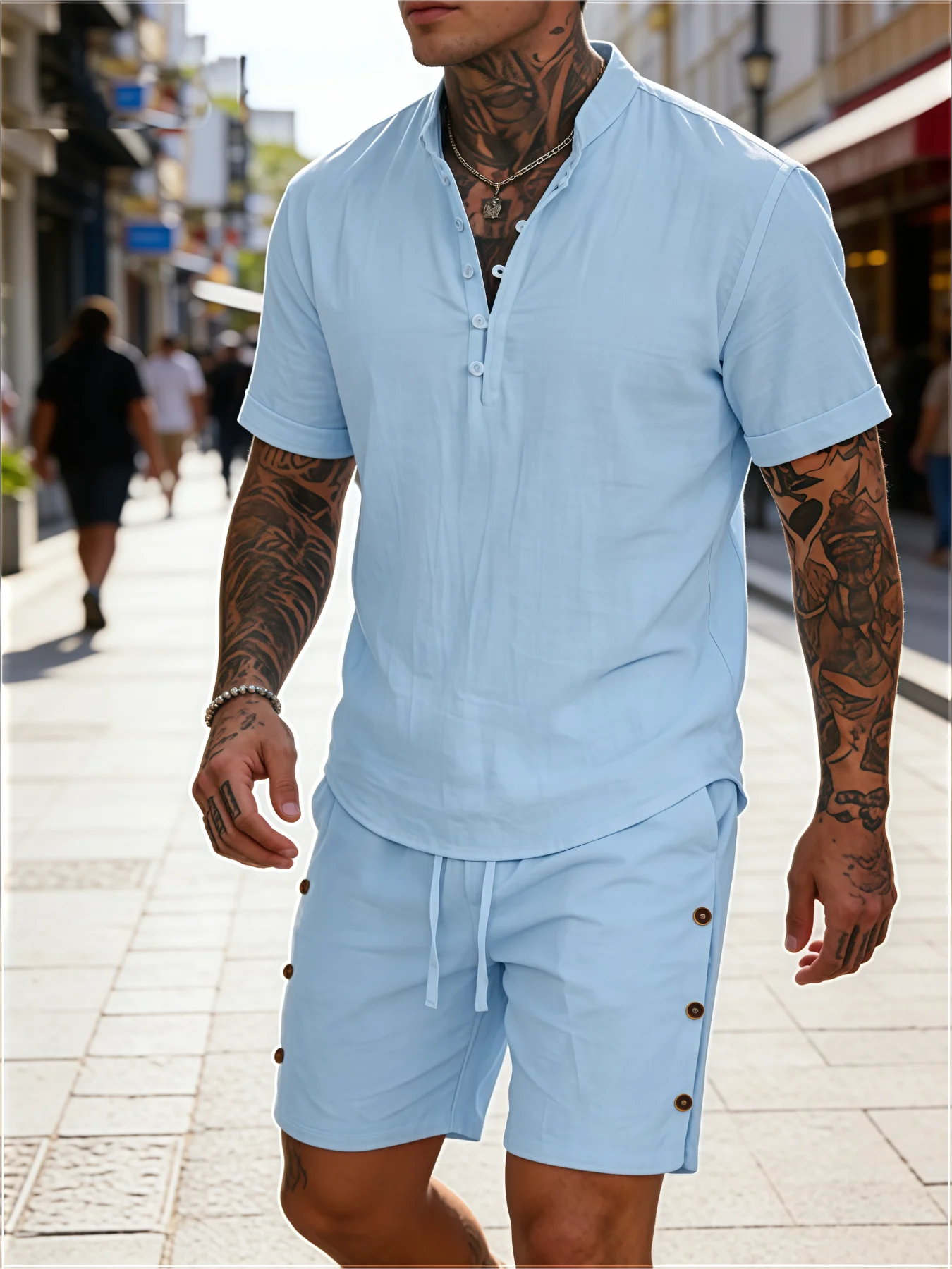 

Summer Cotton Linen Shirt Men Henley Neck Pocket Casual Beach Short Sleeve shorts Sets Comfortable men's casual suit