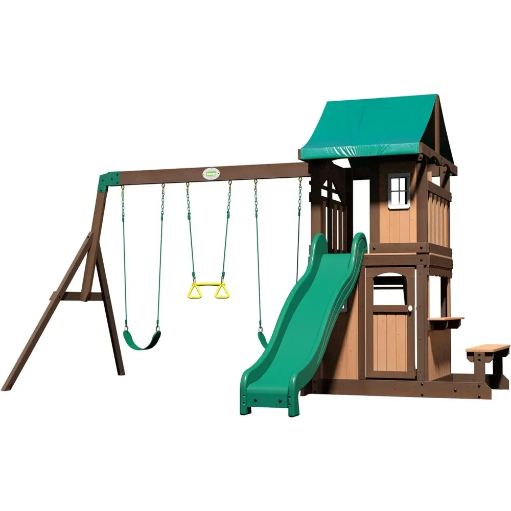 

Backyard Discovery Lakewood Cedar Wood Swing Set, Covered Upper Deck with White Trim Window, Slide with Rails