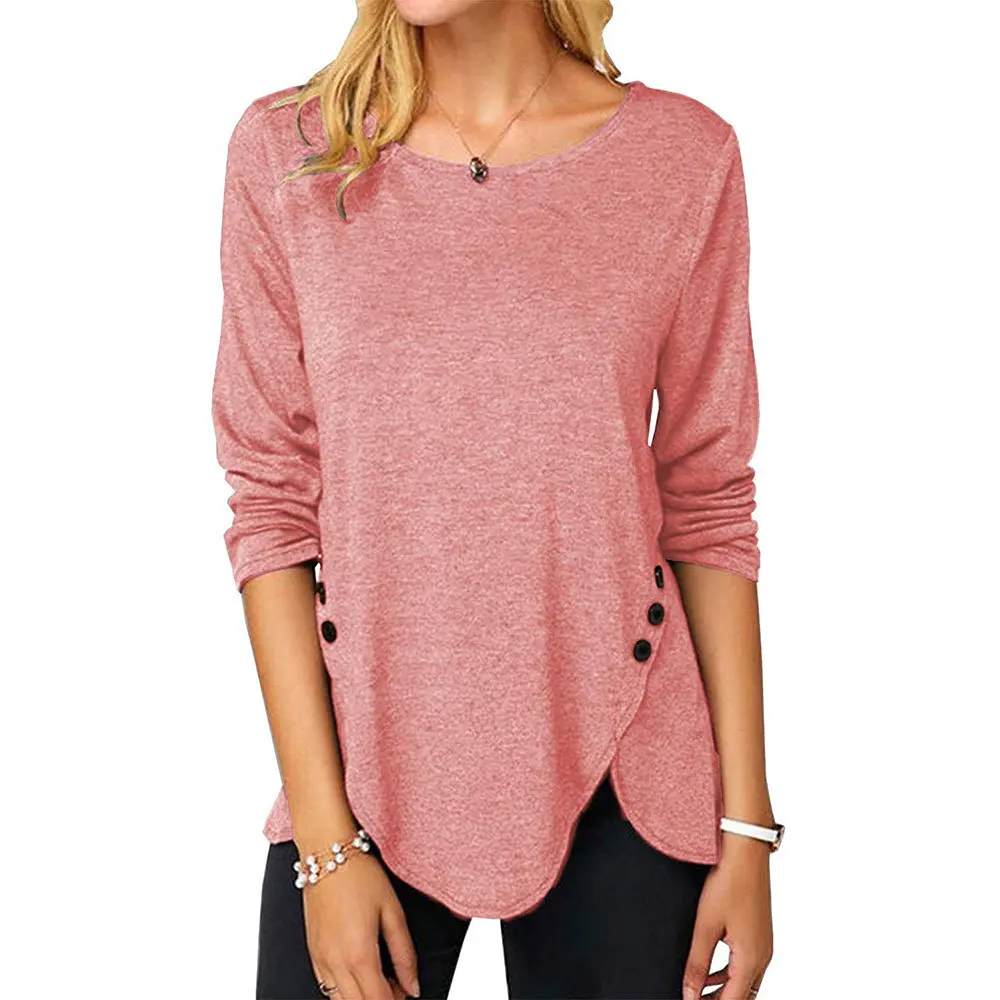 Women's Top New Irregular Hem Button Long Sleeve Round Neck T-shirt Female & Lady Spring and Autumn Casual Fashion Tops Shirts