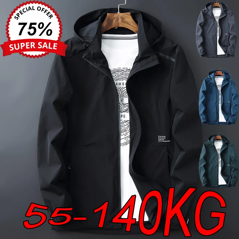 Hooded Jackets Men's L-8XL Plus Size Autumn Loose Detachable Hat Casual Tops Men's Stretch Breathable Large Size Zipper Coats