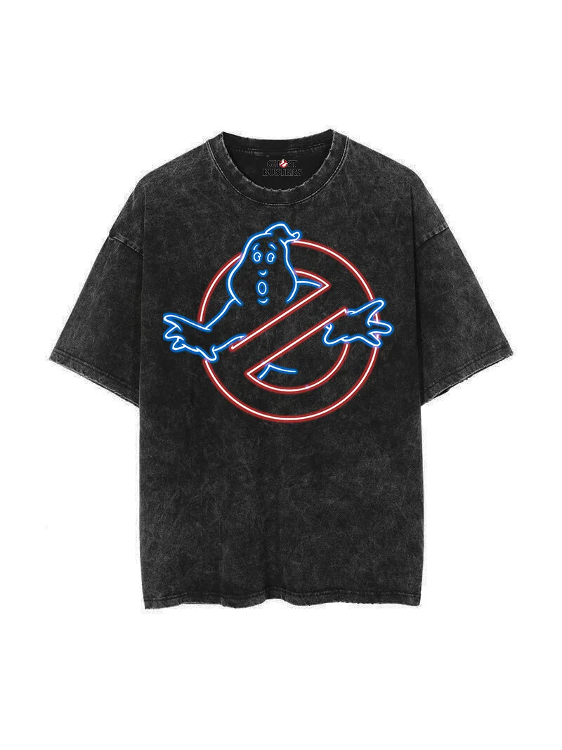 

Retro Washed Short Sleeve T-Shirt Collaborative Film Ghostbusters Vintage Dyeing Cotton round Neck Printed Casual Loose Fit