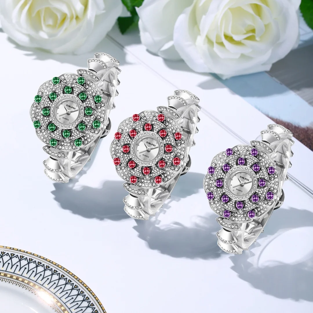 

Sliver Flower Watch Women Quartz Wristwatch Luxury Bangle Bracelet Watches Ladies Clock Female Rhinestone Diamond Reloj