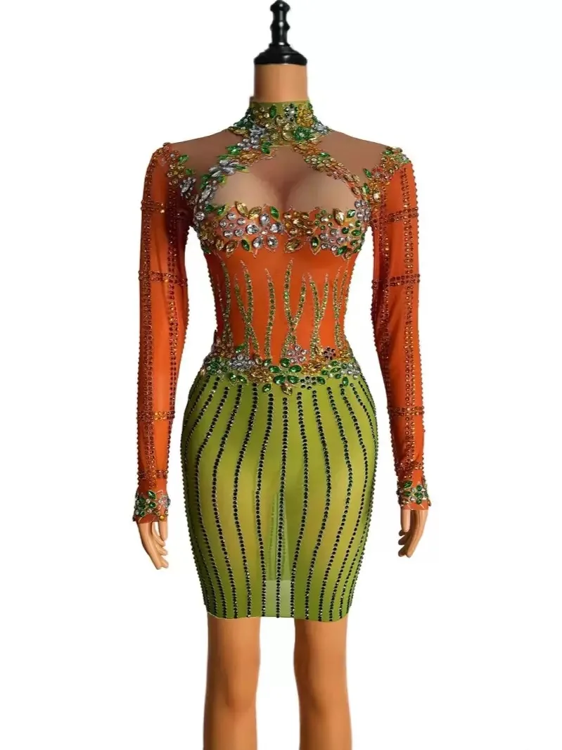 

Sparkly Diamond Short Dress Sexy Mesh See Through Celebrate Evening Party Singer Performance Costume Luxury Birthday Dress