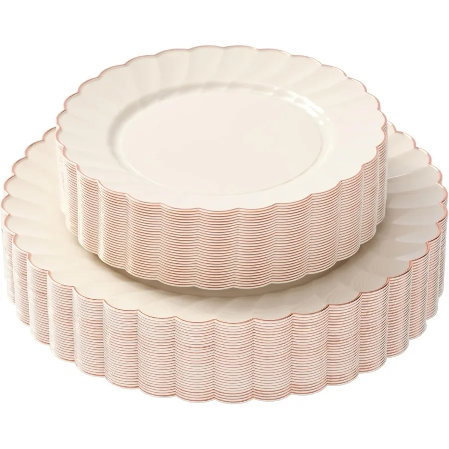 

HEAVYWEIGHT 60 шт. Зубчатые тарелки цвета слоновой кости с отделкой из розового золота 30 обеденных тарелок для десертов идеально подходят для свадеб, детского душа, рождения