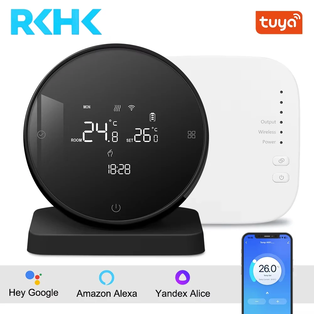 RKHK Tuya WiFi Smart Thermostat，RF Wireless Receiver Temperature Controller，For Water Gas Boiler Support Alexa and Google Home