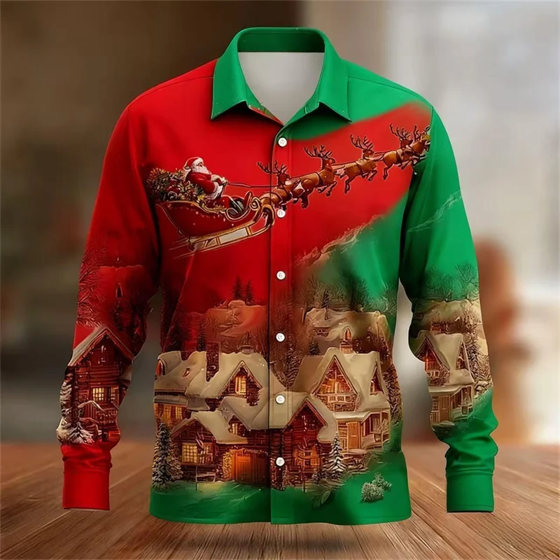 

Christmas themed men's button up Christmas shirt, fun long sleeved shirt for outdoor holidays, 3D printed collar, red, 2026 nove