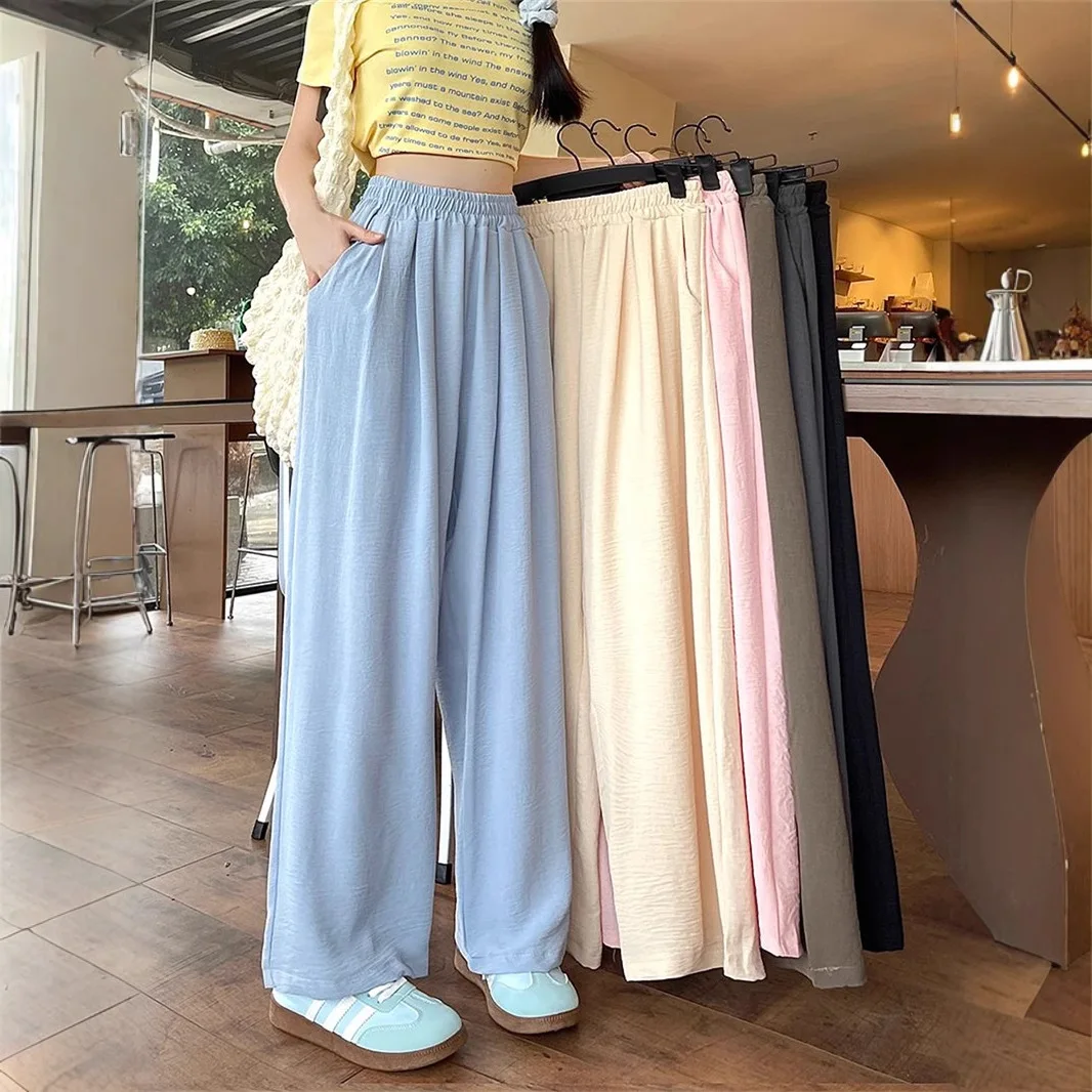 Summer Women Sweet Colorful Ice Silk Pants Lady Baggy Versatile Elastic Straight Leg Trousers Female Wide Leg High Waisted Pants