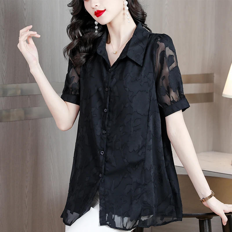 2023 Summer New Hollow Mesh Spliced Polo Neck Women's Shirt Top Fashion Chiffon Short Sleeve Loose Large Cardigan T-shirt