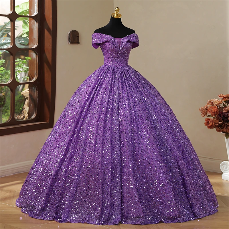 Real Photo Elegant Off Shoulder Sequined Purple Quinceanera Dresses V Nedck For Party Prom Dress Ball Gown Vintage Plus Szie