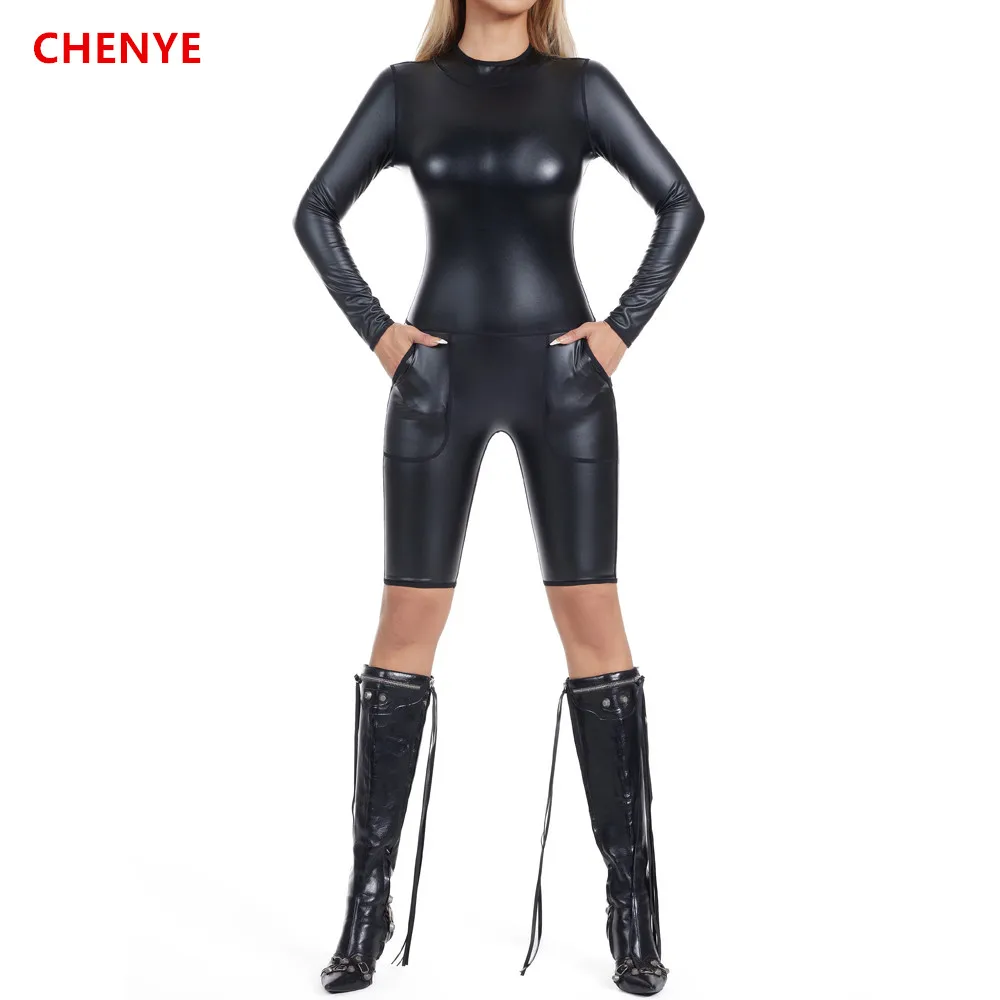 Women's with Pockets Leather Bodysuits Short Romper Jumpsuit Leotard T-Shirt Body Shapers Metallic Back Zip BlouseLady Shapewear