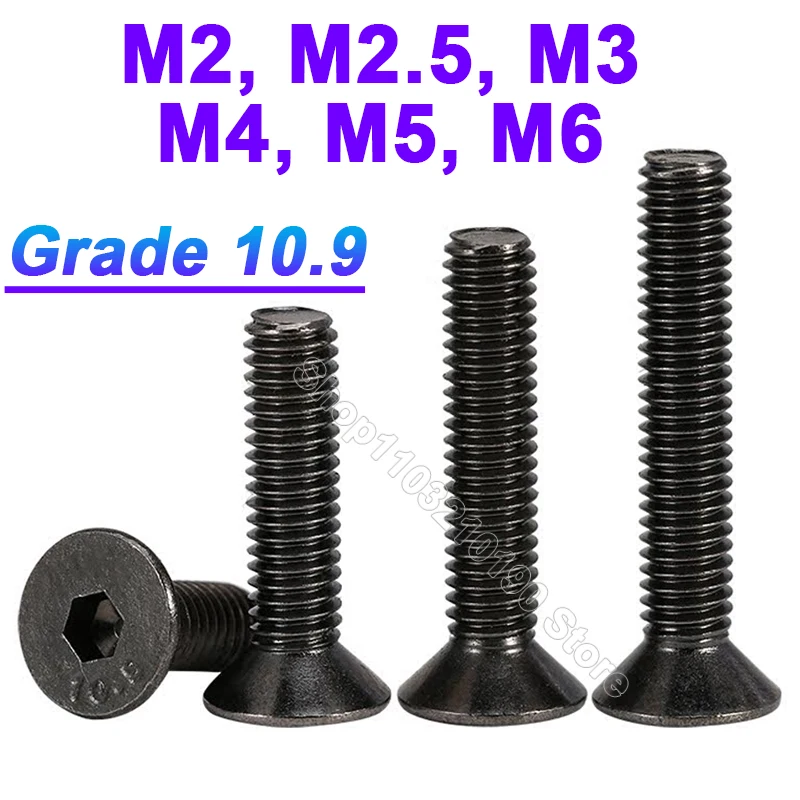 5-10Pcs M2 M2.5 M3 M4 M5 M6 Black Grade 10.9 Bolt Allen Hexagon Hex Socket Flat Head Countersunk Screw Furniture screws L=3-50mm