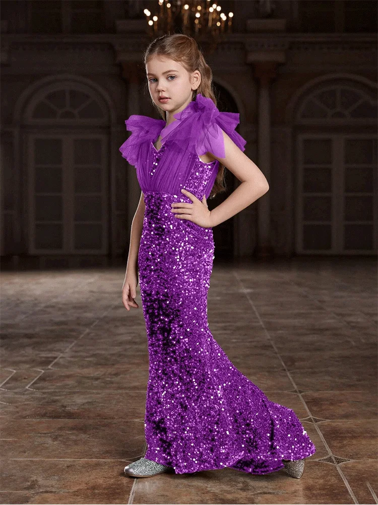 Girls Birthday Party Wedding Flower Girl Multi-Color Purple Mesh Evening Dress Girl Performance Dress