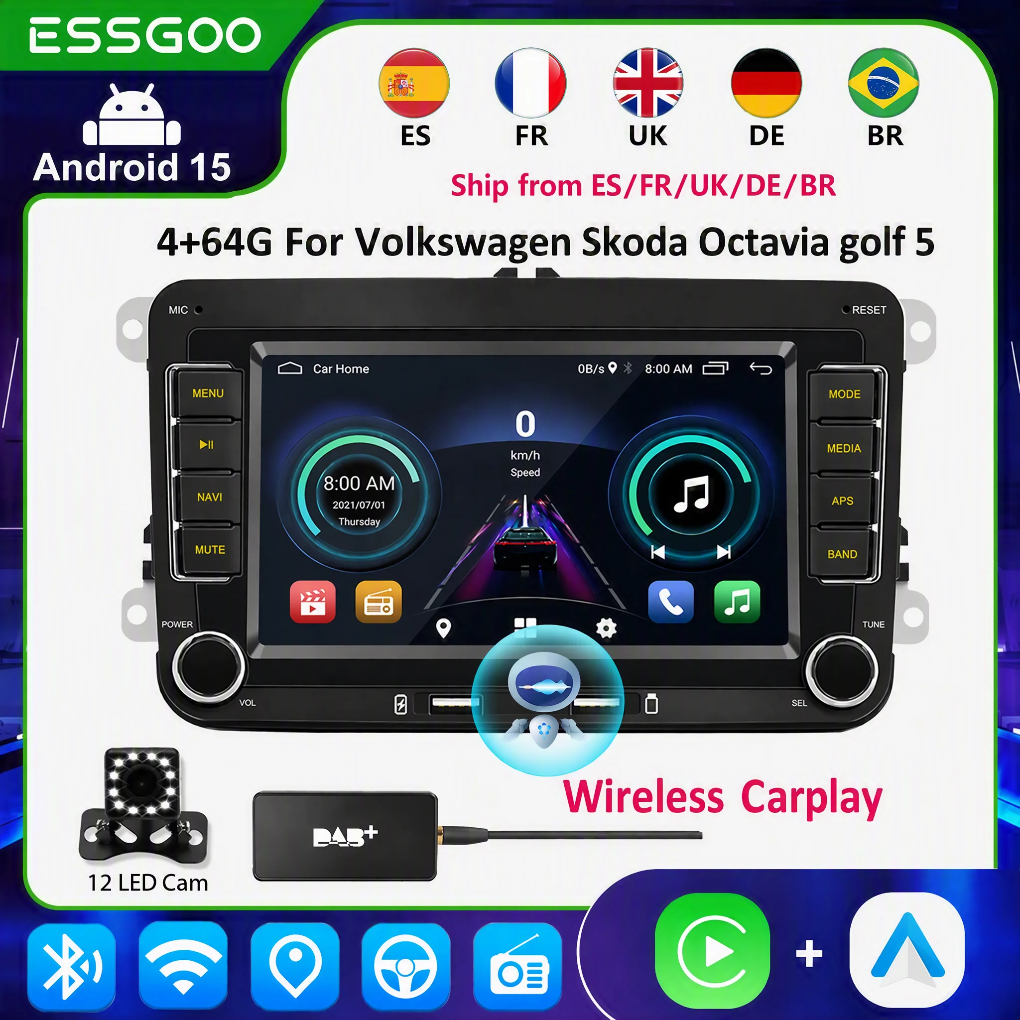 ESSGOO Android 15 4G 64G Carplay für Volkswagen Passat B6 B7 Golf 5 6 Polo Jetta Skoda Autoradio Multimedia-Player GPS WiFi RDS